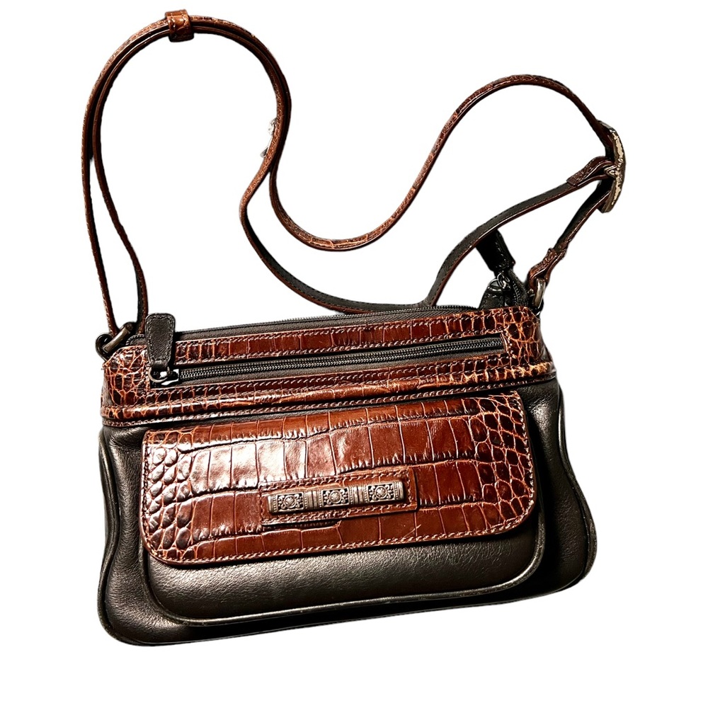 BRIGHTON Organizer Cross Body Shoulder Bag Black Leather Brown Alligator Trim